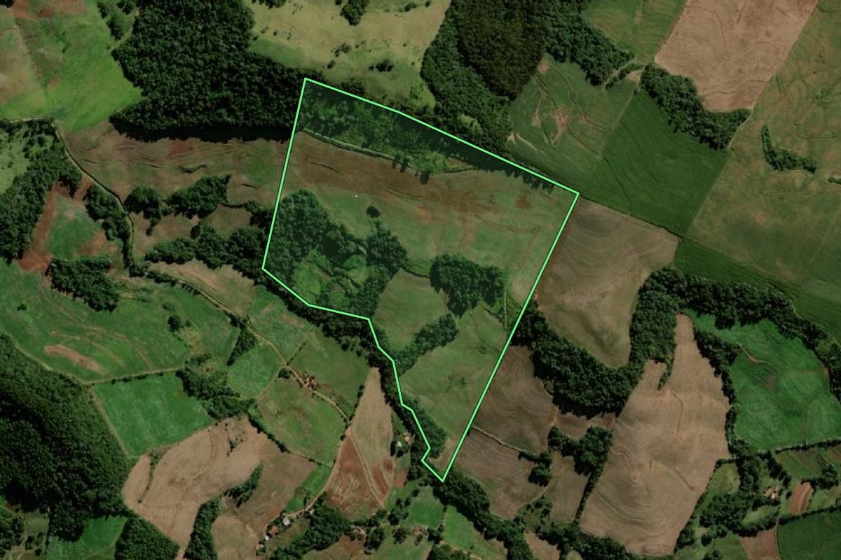 Imagem de satélite do imóvel rural em Santo Antônio do Sudoeste (PR), com o contorno declarado no CAR desenhado por cima.