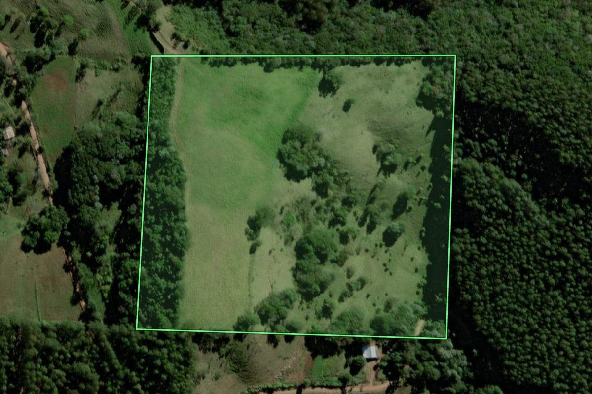 Imagem de satélite do imóvel rural em Santo Antônio do Sudoeste (PR), com o contorno declarado no CAR desenhado por cima.