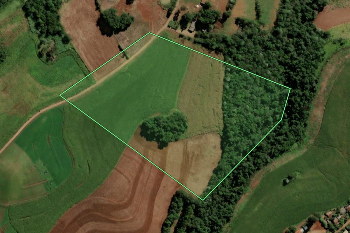 Imagem de satélite do imóvel rural em Santo Antônio do Sudoeste (PR), com o contorno declarado no CAR desenhado por cima.
