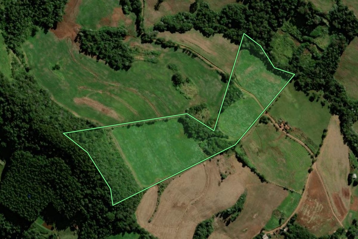 Imagem de satélite do imóvel rural em Santo Antônio do Sudoeste (PR), com o contorno declarado no CAR desenhado por cima.
