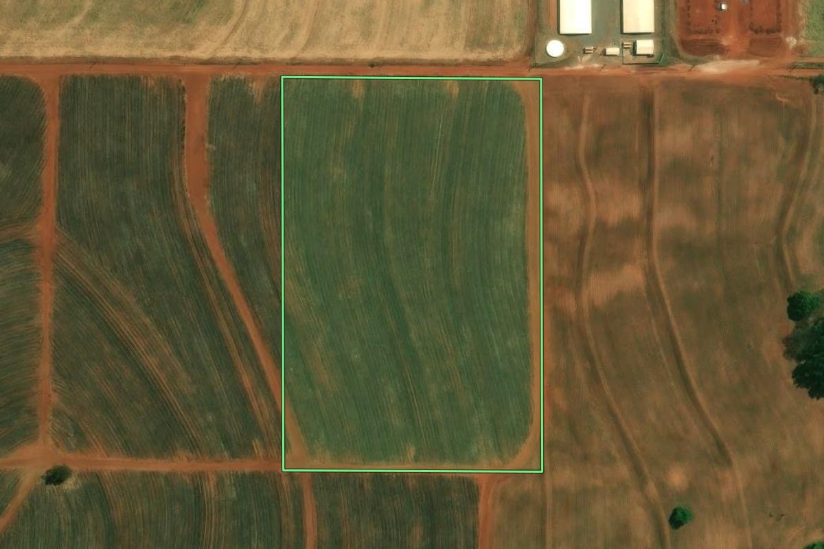 Imagem de satélite do imóvel rural em Santo Inácio (PR), com o contorno declarado no CAR desenhado por cima.