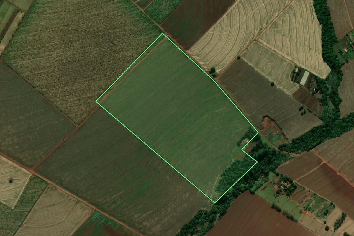 Imagem de satélite do imóvel rural em São Carlos do Ivaí (PR), com o contorno declarado no CAR desenhado por cima.
