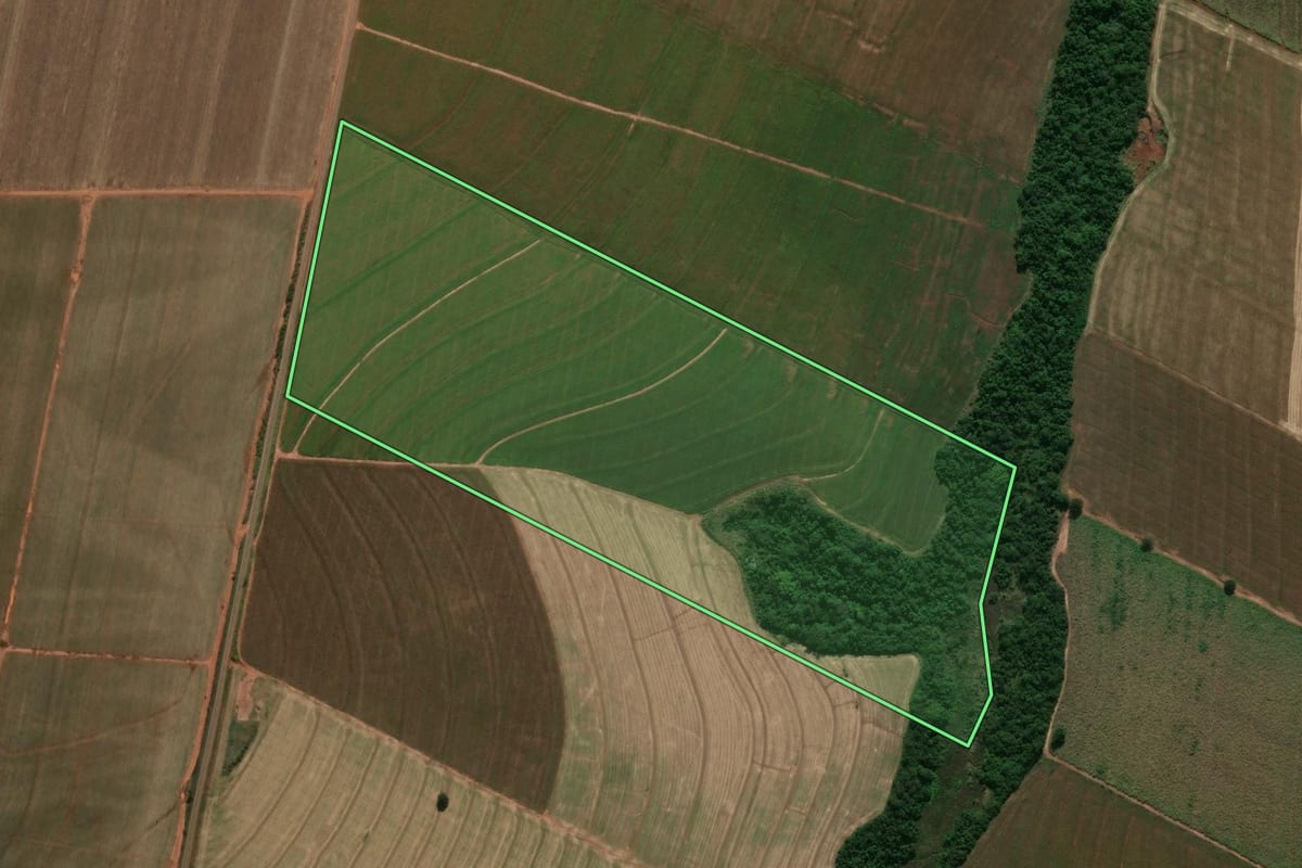 Imagem de satélite do imóvel rural em São Carlos do Ivaí (PR), com o contorno declarado no CAR desenhado por cima.
