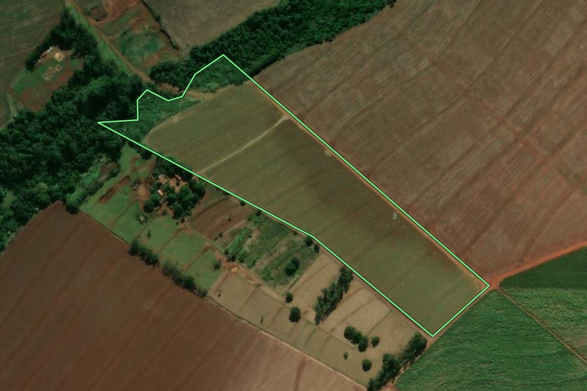 Imagem de satélite do imóvel rural em São Carlos do Ivaí (PR), com o contorno declarado no CAR desenhado por cima.