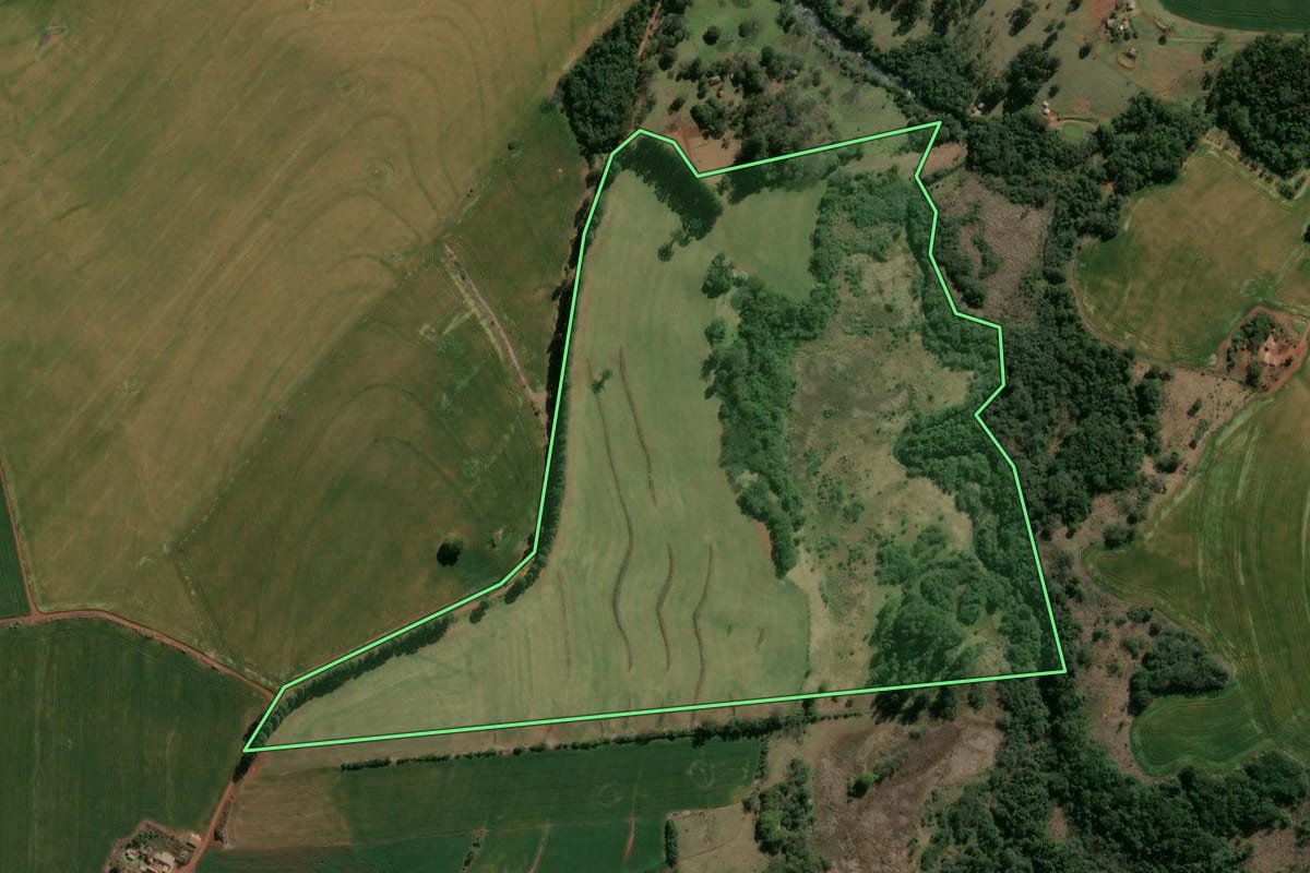 Imagem de satélite do imóvel rural em São Jerônimo da Serra (PR), com o contorno declarado no CAR desenhado por cima.