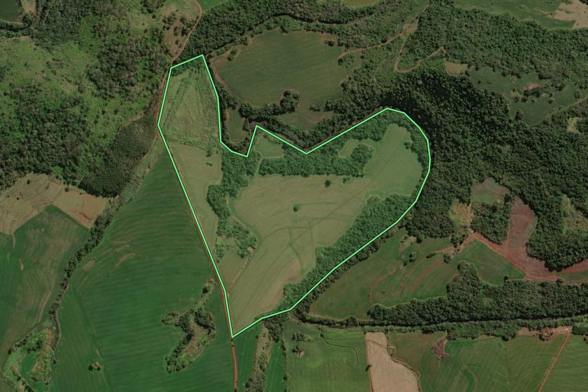 Imagem de satélite do imóvel rural em São Jerônimo da Serra (PR), com o contorno declarado no CAR desenhado por cima.