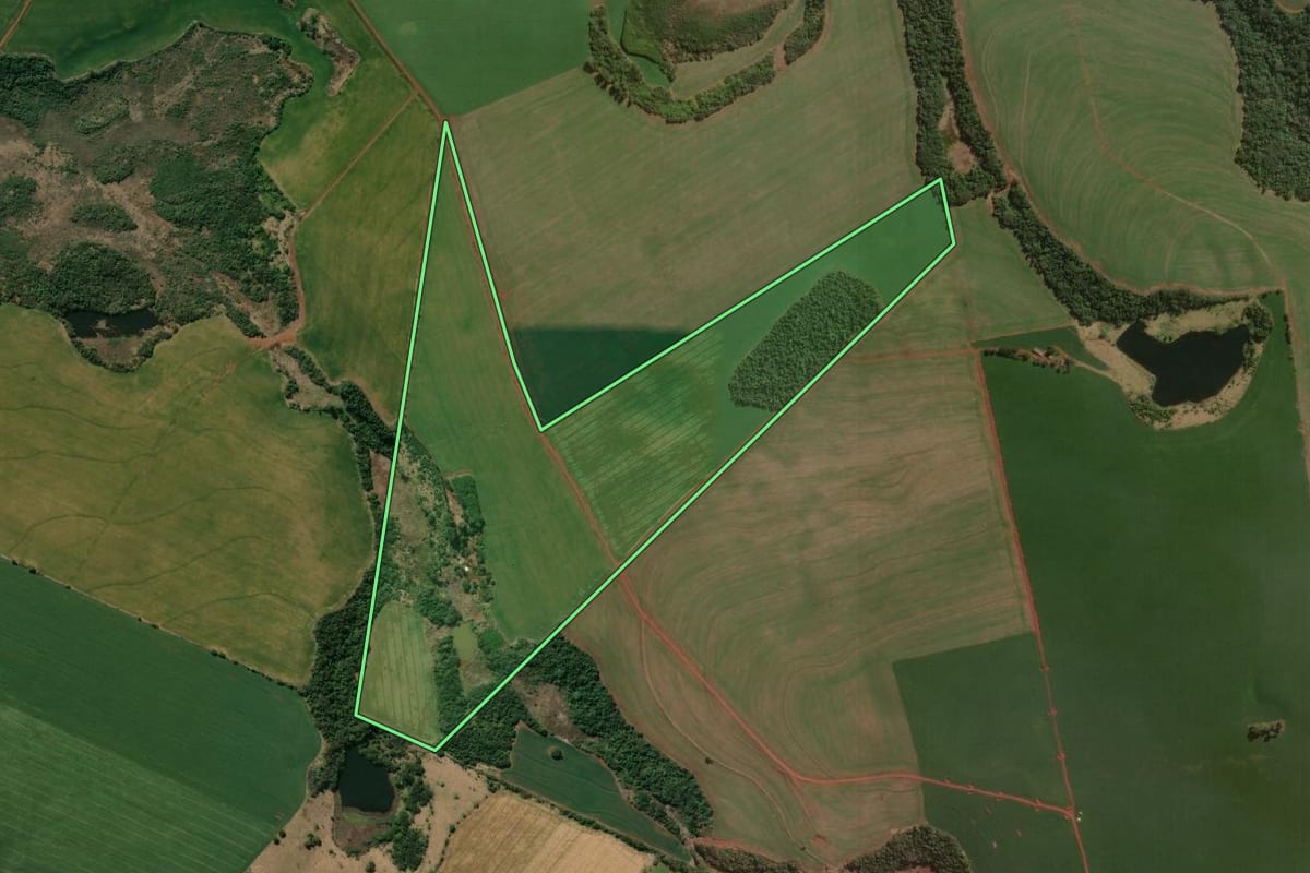 Imagem de satélite do imóvel rural em São Jerônimo da Serra (PR), com o contorno declarado no CAR desenhado por cima.