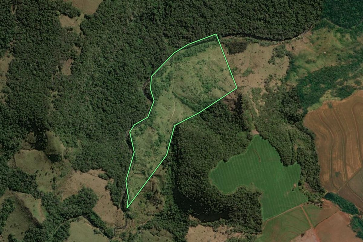 Imagem de satélite do imóvel rural em São Jerônimo da Serra (PR), com o contorno declarado no CAR desenhado por cima.