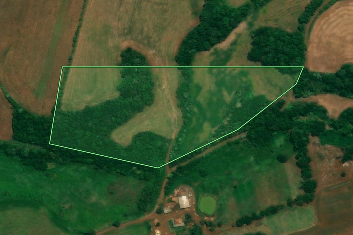 Imagem de satélite do imóvel rural em São João (PR), com o contorno declarado no CAR desenhado por cima.