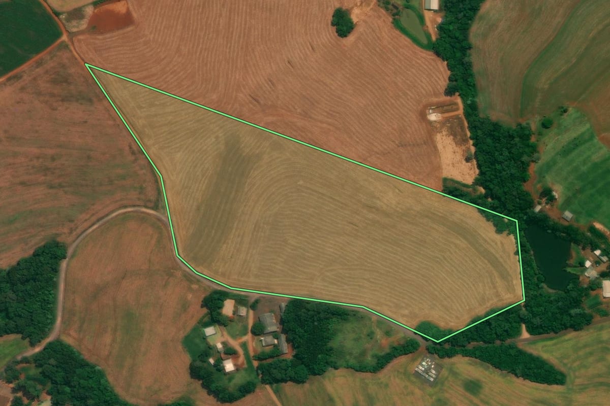 Imagem de satélite do imóvel rural em São João (PR), com o contorno declarado no CAR desenhado por cima.