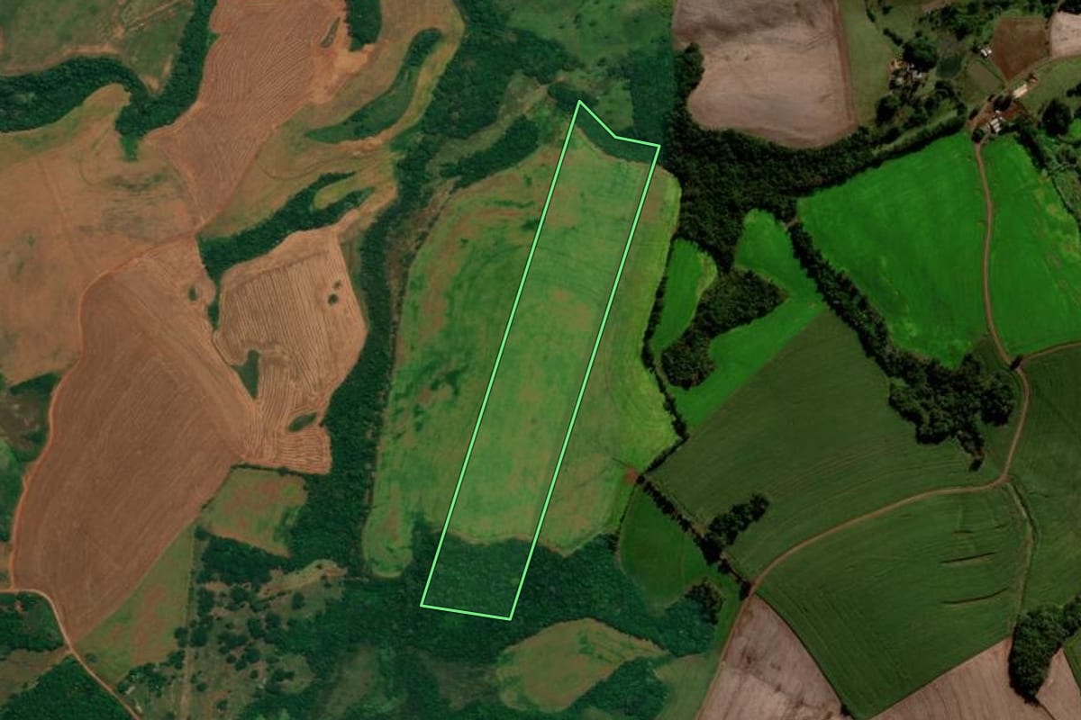 Imagem de satélite do imóvel rural em São João (PR), com o contorno declarado no CAR desenhado por cima.