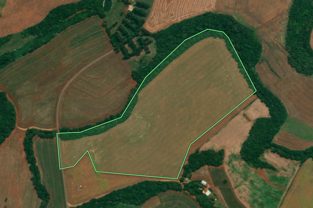 Imagem de satélite do imóvel rural em São João (PR), com o contorno declarado no CAR desenhado por cima.