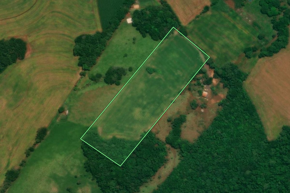 Imagem de satélite do imóvel rural em São João (PR), com o contorno declarado no CAR desenhado por cima.