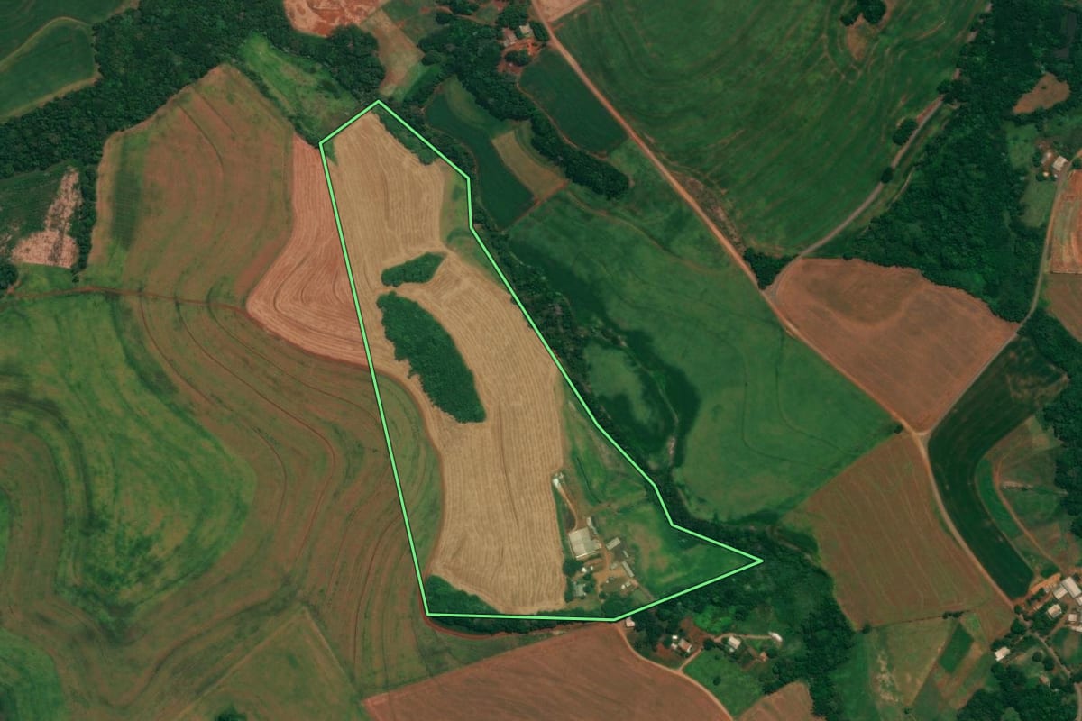 Imagem de satélite do imóvel rural em São João (PR), com o contorno declarado no CAR desenhado por cima.