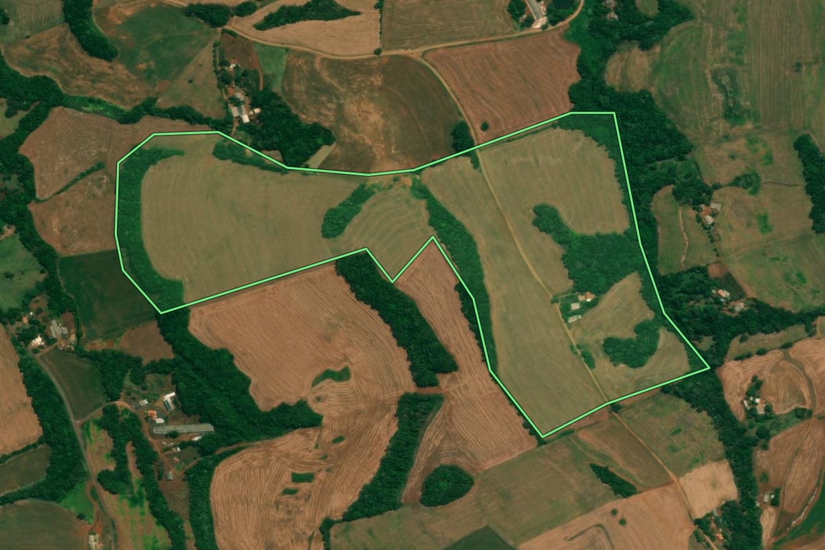 Imagem de satélite do imóvel rural em São João (PR), com o contorno declarado no CAR desenhado por cima.