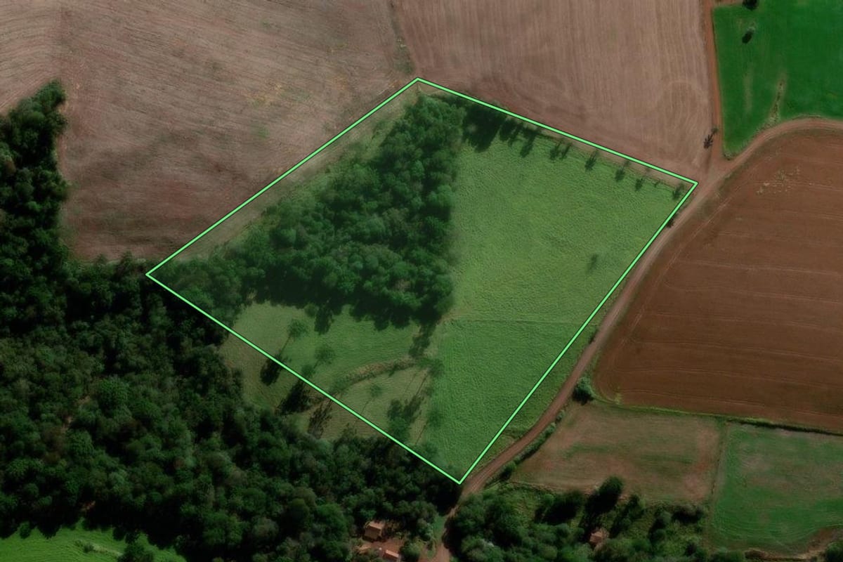 Imagem de satélite do imóvel rural em São João (PR), com o contorno declarado no CAR desenhado por cima.