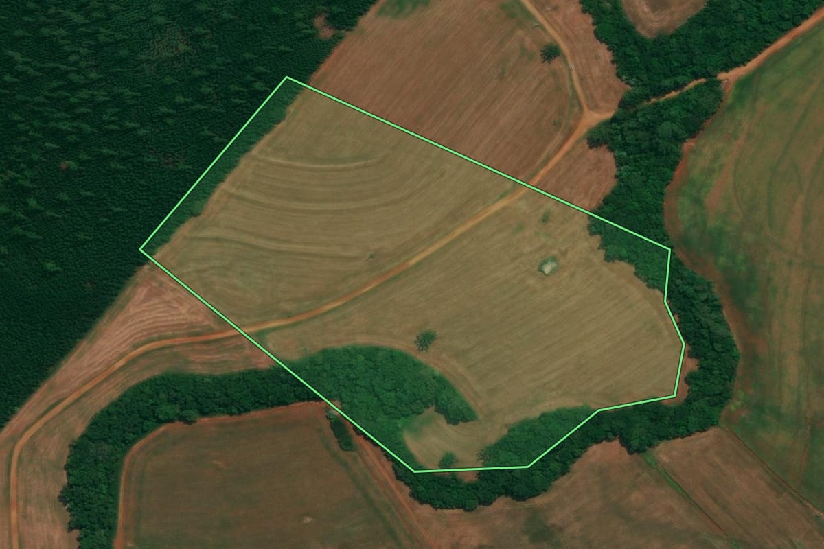 Imagem de satélite do imóvel rural em São João (PR), com o contorno declarado no CAR desenhado por cima.