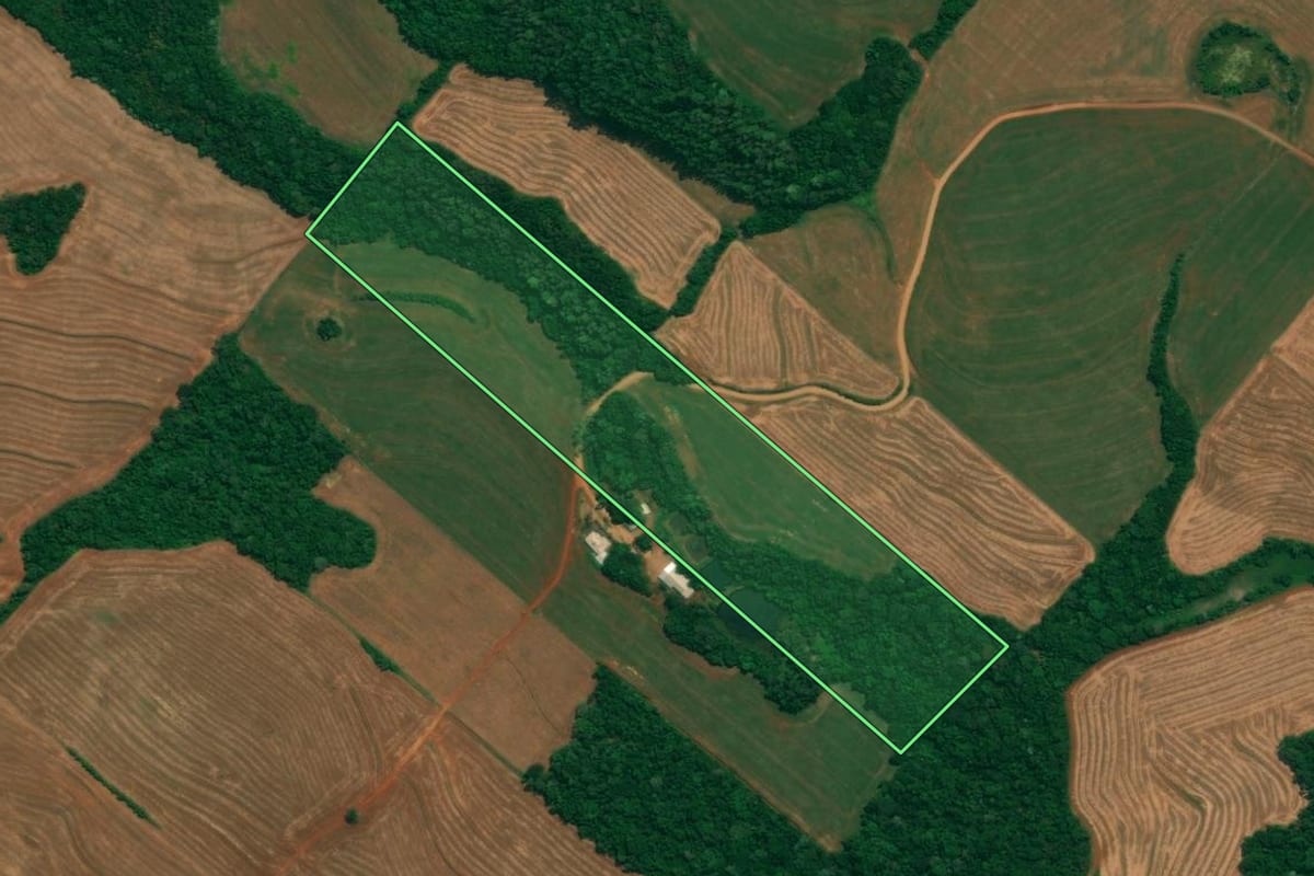 Imagem de satélite do imóvel rural em São João (PR), com o contorno declarado no CAR desenhado por cima.
