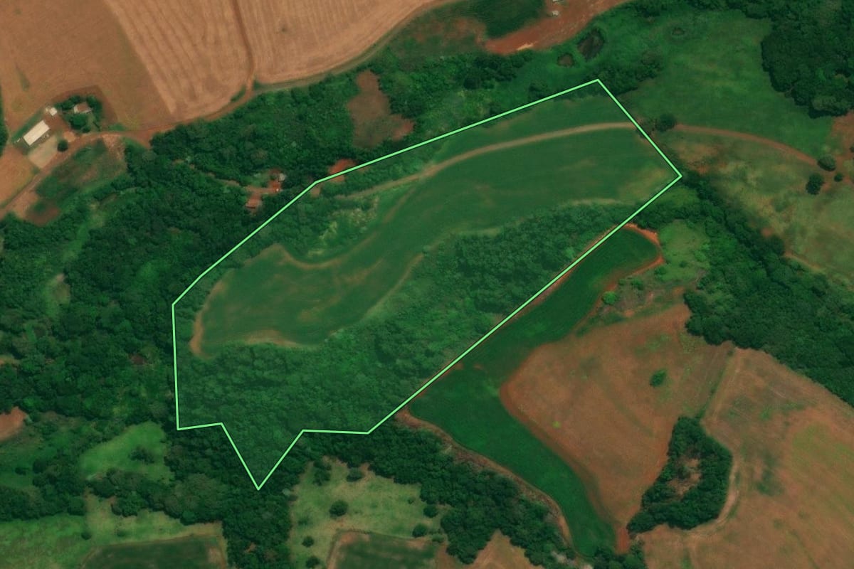 Imagem de satélite do imóvel rural em São João (PR), com o contorno declarado no CAR desenhado por cima.