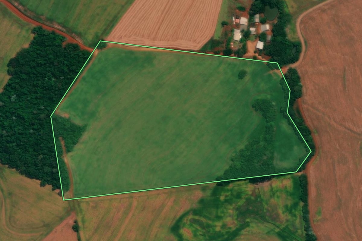 Imagem de satélite do imóvel rural em São João (PR), com o contorno declarado no CAR desenhado por cima.