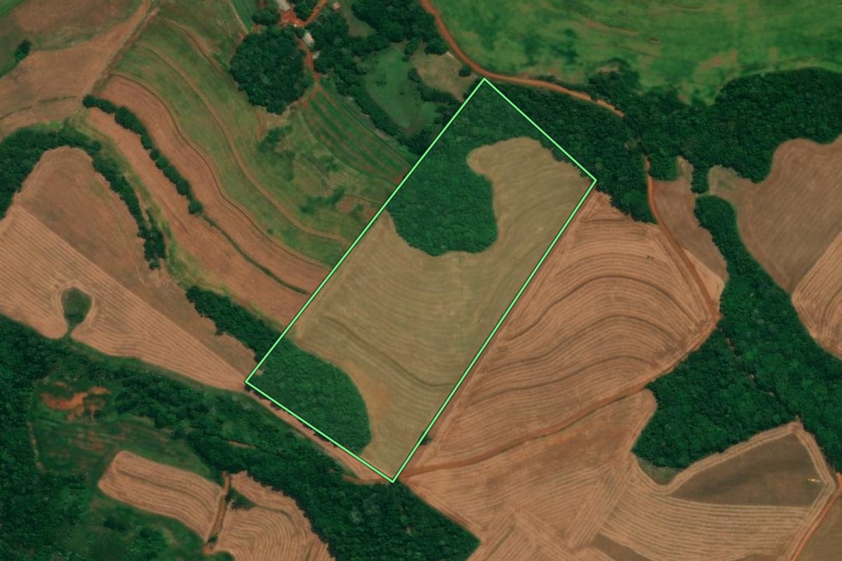Imagem de satélite do imóvel rural em São João (PR), com o contorno declarado no CAR desenhado por cima.