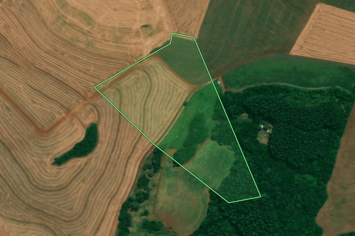 Imagem de satélite do imóvel rural em São João (PR), com o contorno declarado no CAR desenhado por cima.