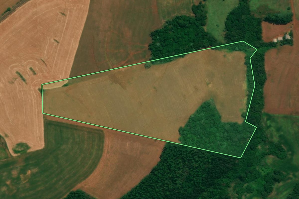 Imagem de satélite do imóvel rural em São João (PR), com o contorno declarado no CAR desenhado por cima.