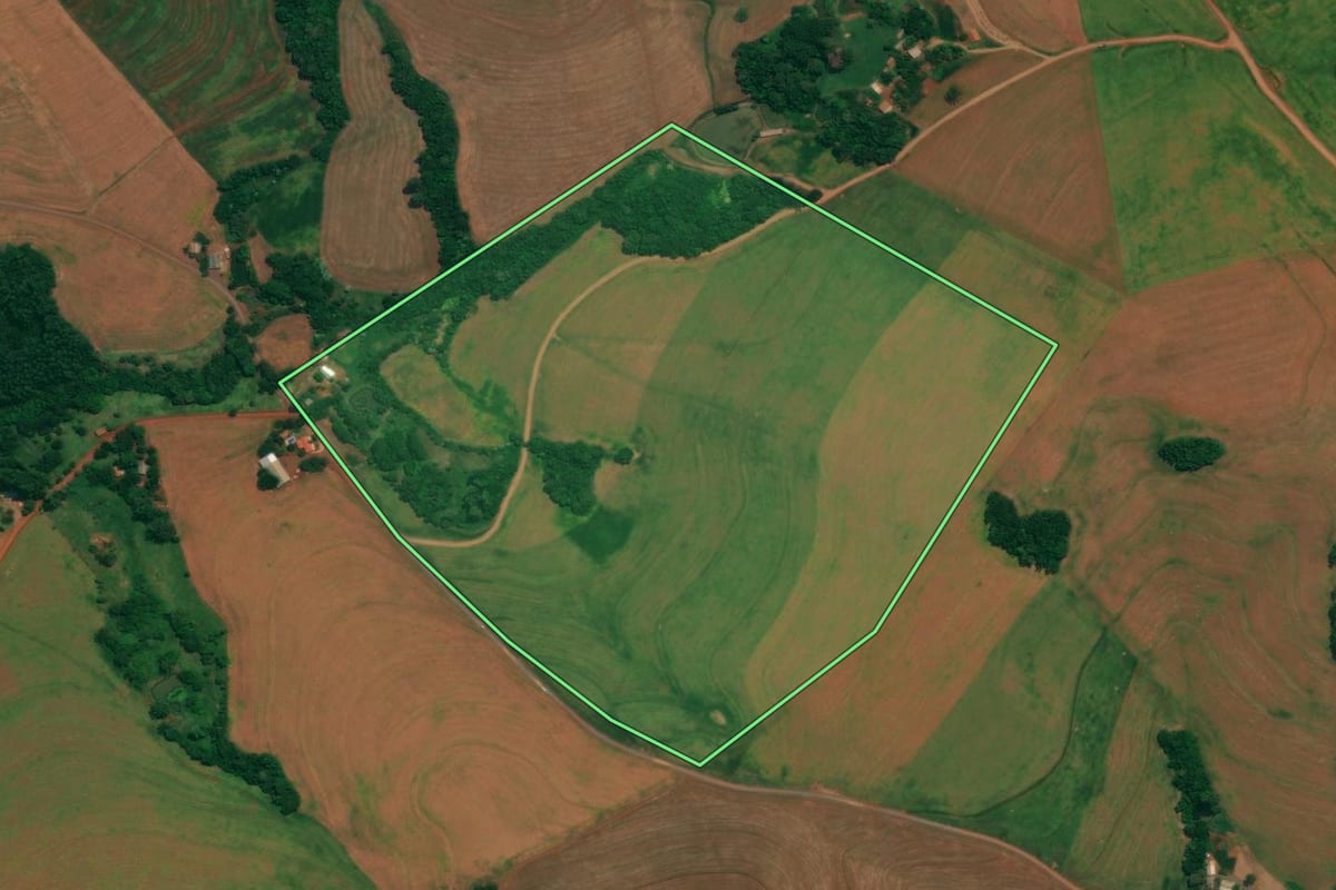 Imagem de satélite do imóvel rural em São João (PR), com o contorno declarado no CAR desenhado por cima.
