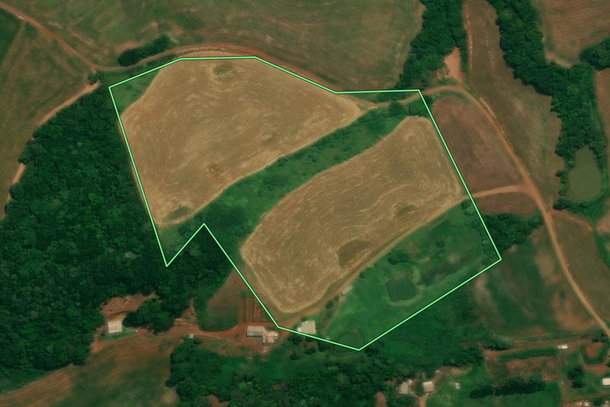 Imagem de satélite do imóvel rural em São João (PR), com o contorno declarado no CAR desenhado por cima.