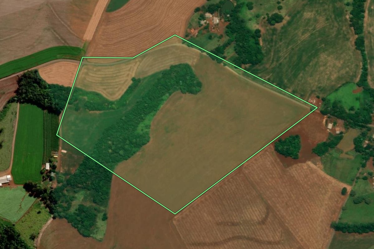 Imagem de satélite do imóvel rural em São João (PR), com o contorno declarado no CAR desenhado por cima.