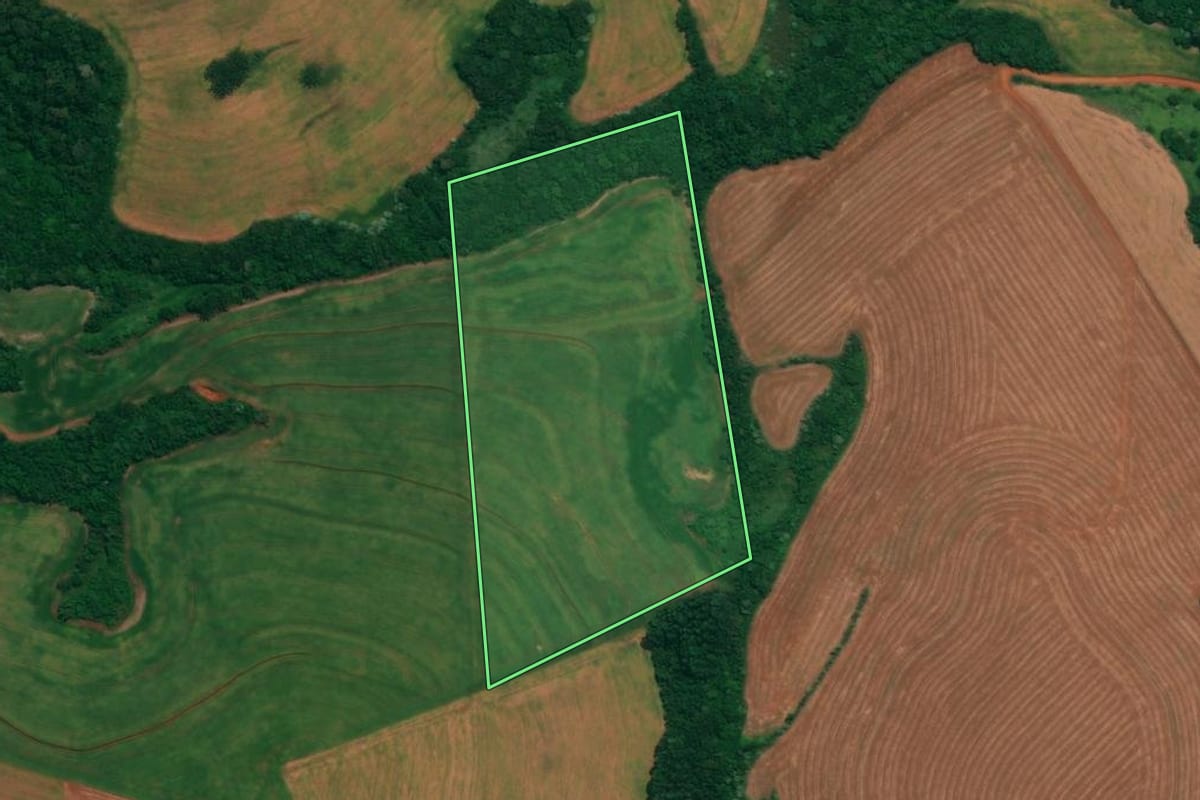 Imagem de satélite do imóvel rural em São João (PR), com o contorno declarado no CAR desenhado por cima.