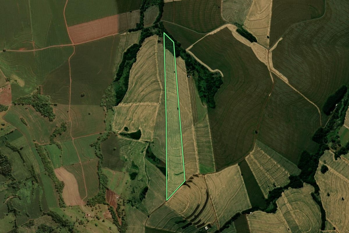Imagem de satélite do imóvel rural em São João do Ivaí (PR), com o contorno declarado no CAR desenhado por cima.