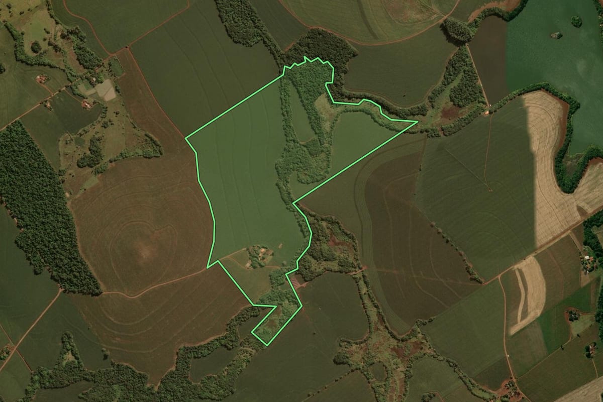 Imagem de satélite do imóvel rural em São João do Ivaí (PR), com o contorno declarado no CAR desenhado por cima.