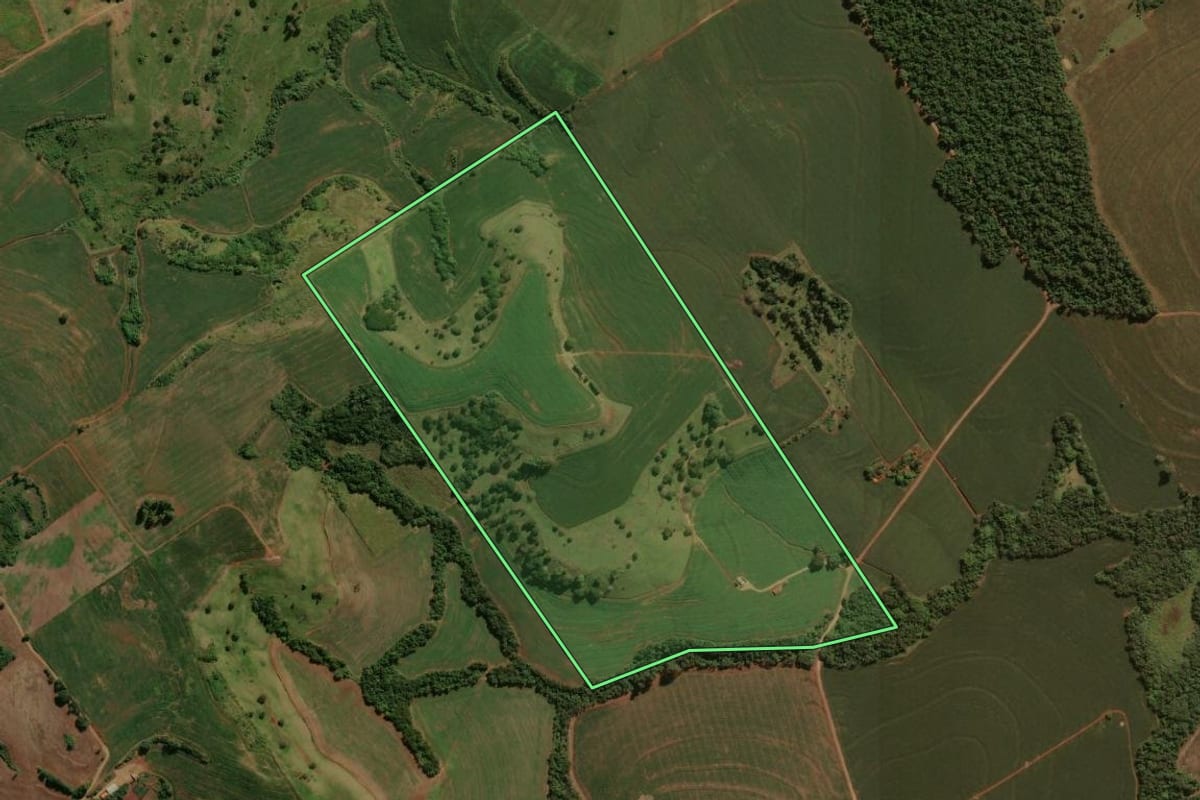 Imagem de satélite do imóvel rural em São João do Ivaí (PR), com o contorno declarado no CAR desenhado por cima.