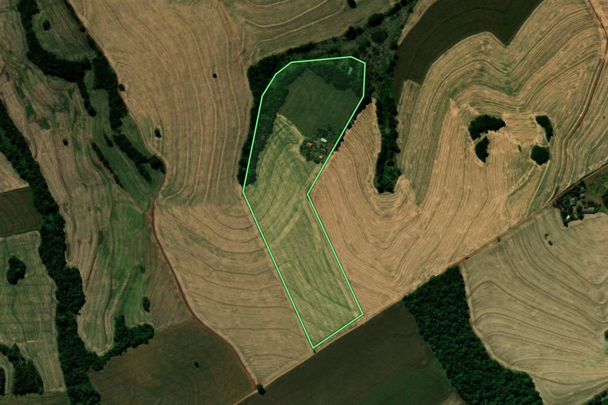 Imagem de satélite do imóvel rural em São João do Ivaí (PR), com o contorno declarado no CAR desenhado por cima.