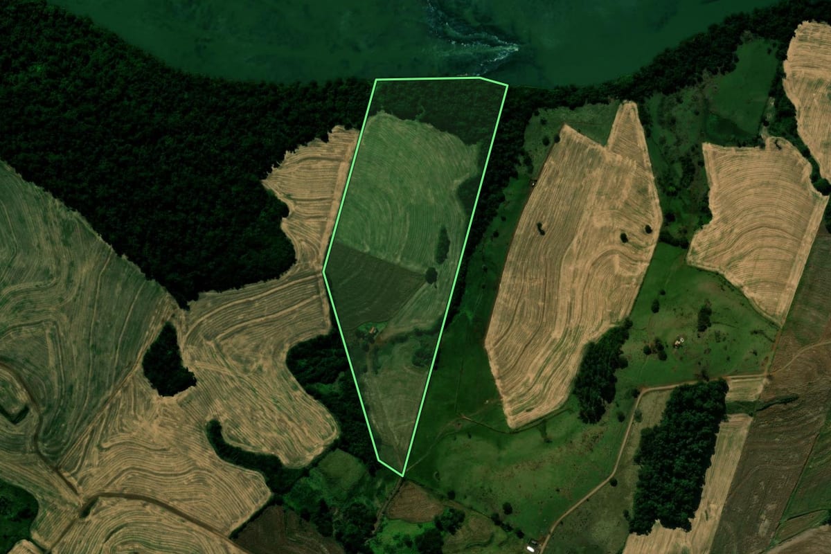 Imagem de satélite do imóvel rural em São João do Ivaí (PR), com o contorno declarado no CAR desenhado por cima.