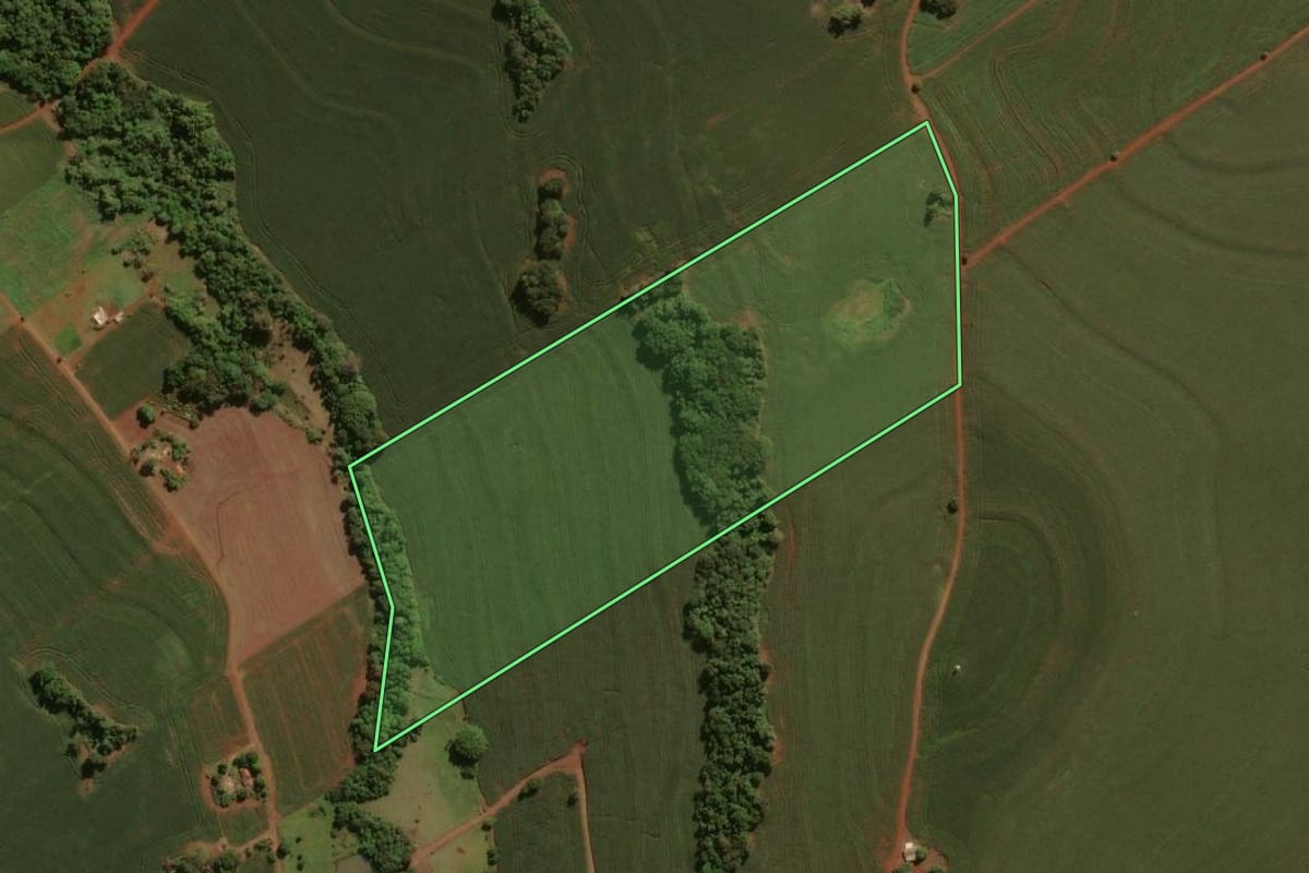 Imagem de satélite do imóvel rural em São João do Ivaí (PR), com o contorno declarado no CAR desenhado por cima.