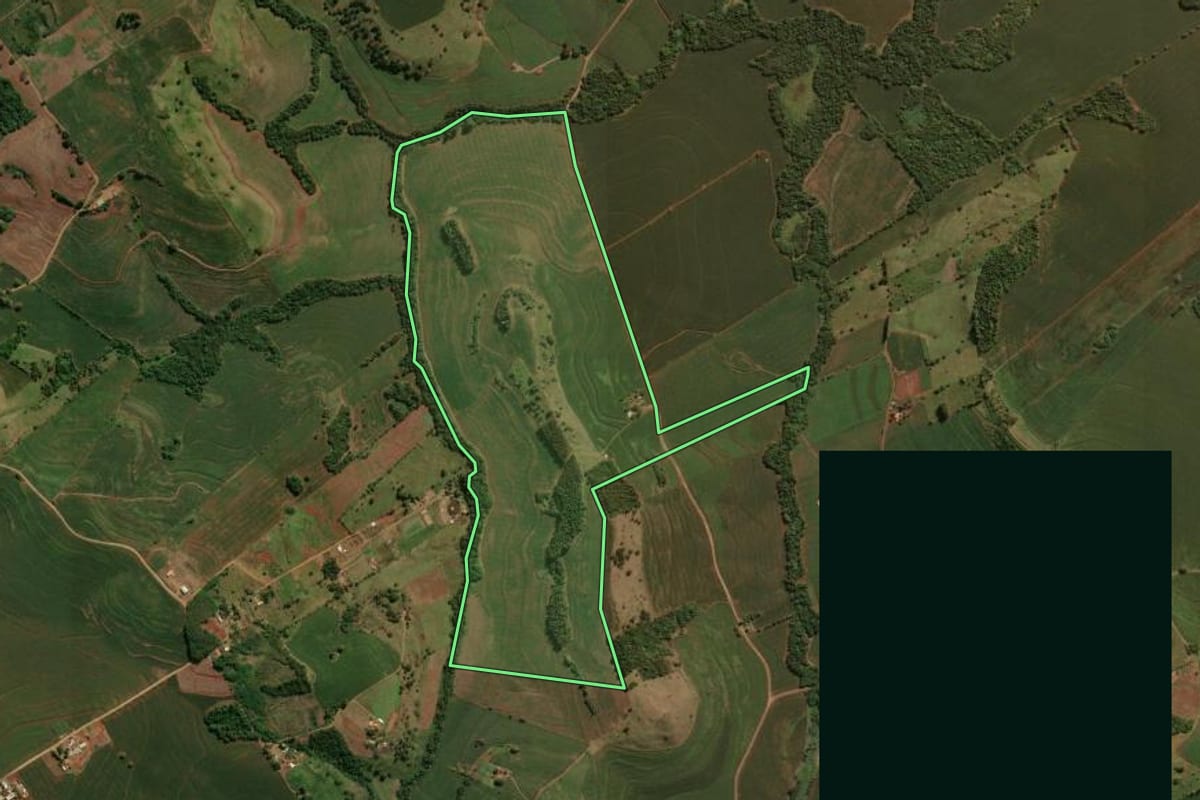 Imagem de satélite do imóvel rural em São João do Ivaí (PR), com o contorno declarado no CAR desenhado por cima.