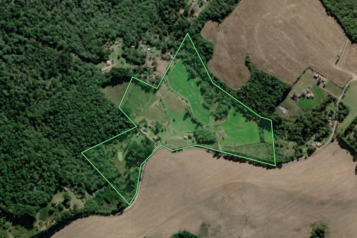 Imagem de satélite do imóvel rural em São João do Triunfo (PR), com o contorno declarado no CAR desenhado por cima.