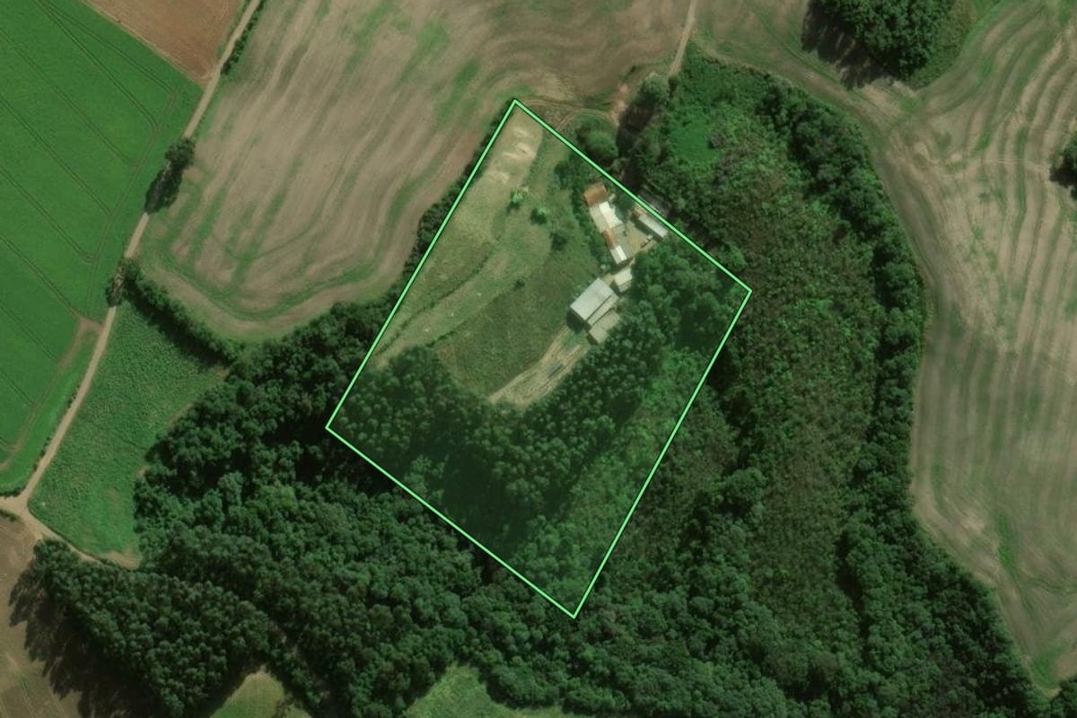 Imagem de satélite do imóvel rural em São João do Triunfo (PR), com o contorno declarado no CAR desenhado por cima.