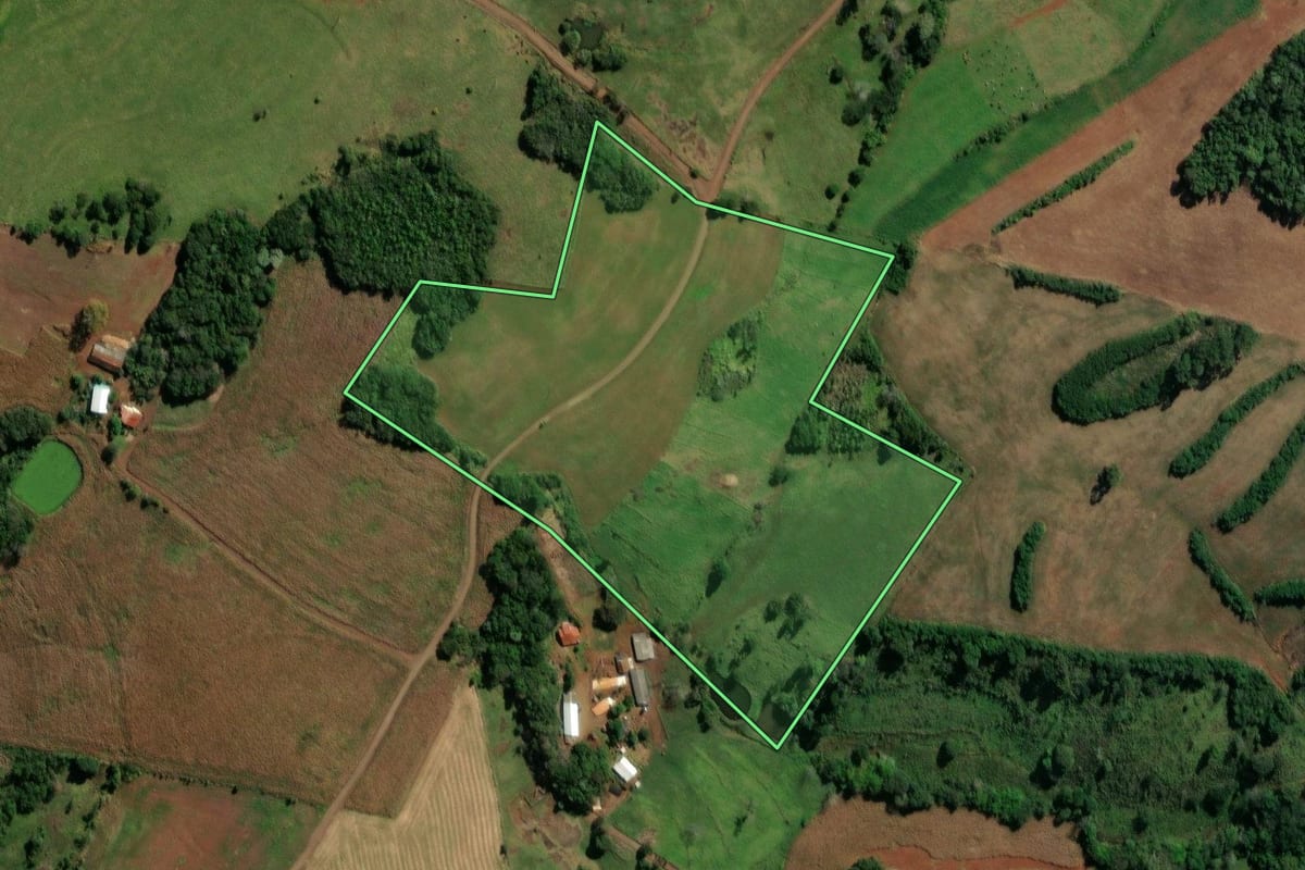 Imagem de satélite do imóvel rural em São Jorge d'Oeste (PR), com o contorno declarado no CAR desenhado por cima.