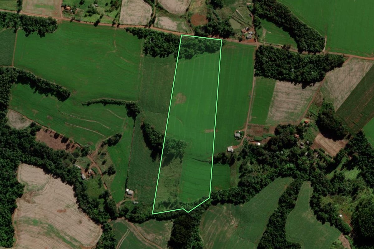 Imagem de satélite do imóvel rural em São Jorge d'Oeste (PR), com o contorno declarado no CAR desenhado por cima.