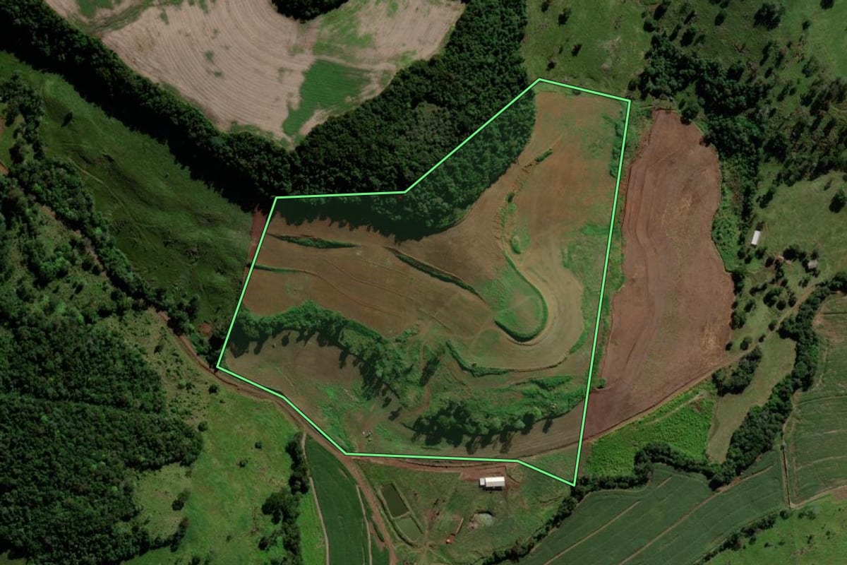 Imagem de satélite do imóvel rural em São Jorge d'Oeste (PR), com o contorno declarado no CAR desenhado por cima.