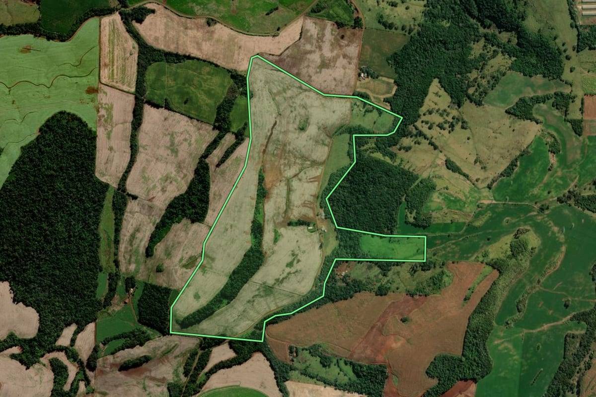 Imagem de satélite do imóvel rural em São Jorge d'Oeste (PR), com o contorno declarado no CAR desenhado por cima.