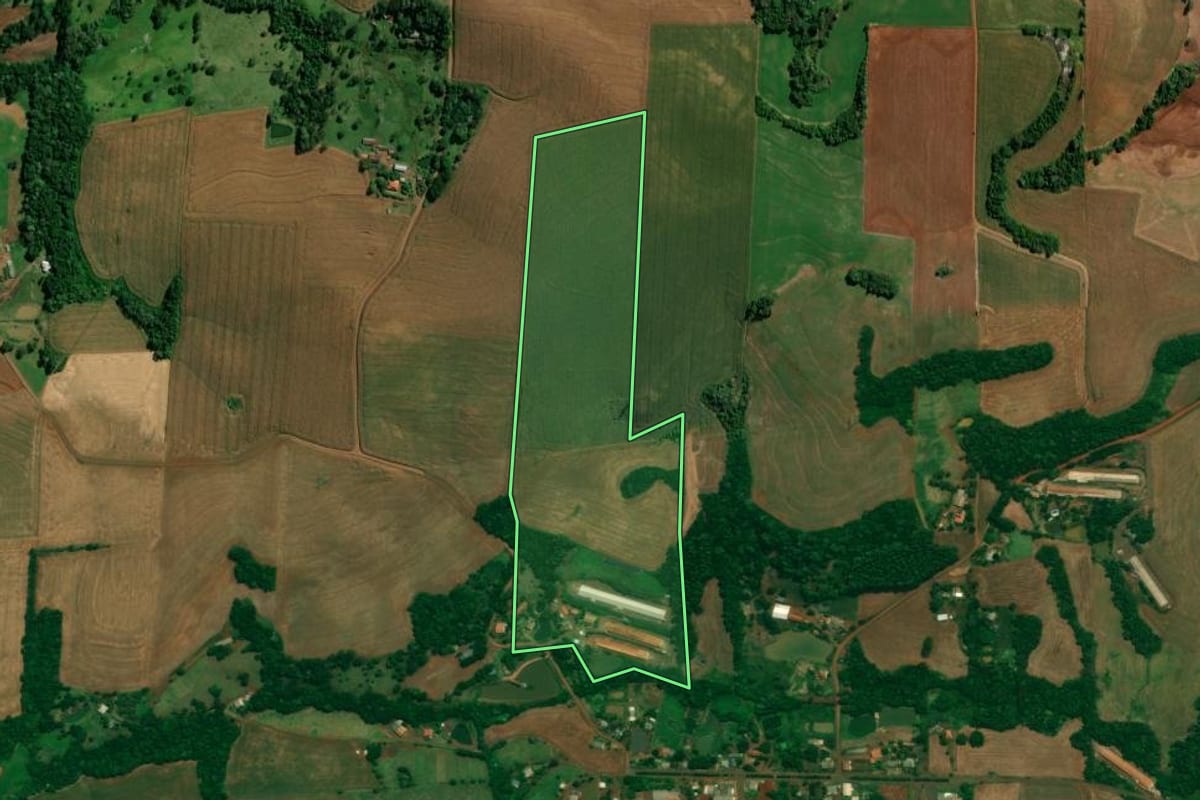 Imagem de satélite do imóvel rural em São Jorge d'Oeste (PR), com o contorno declarado no CAR desenhado por cima.