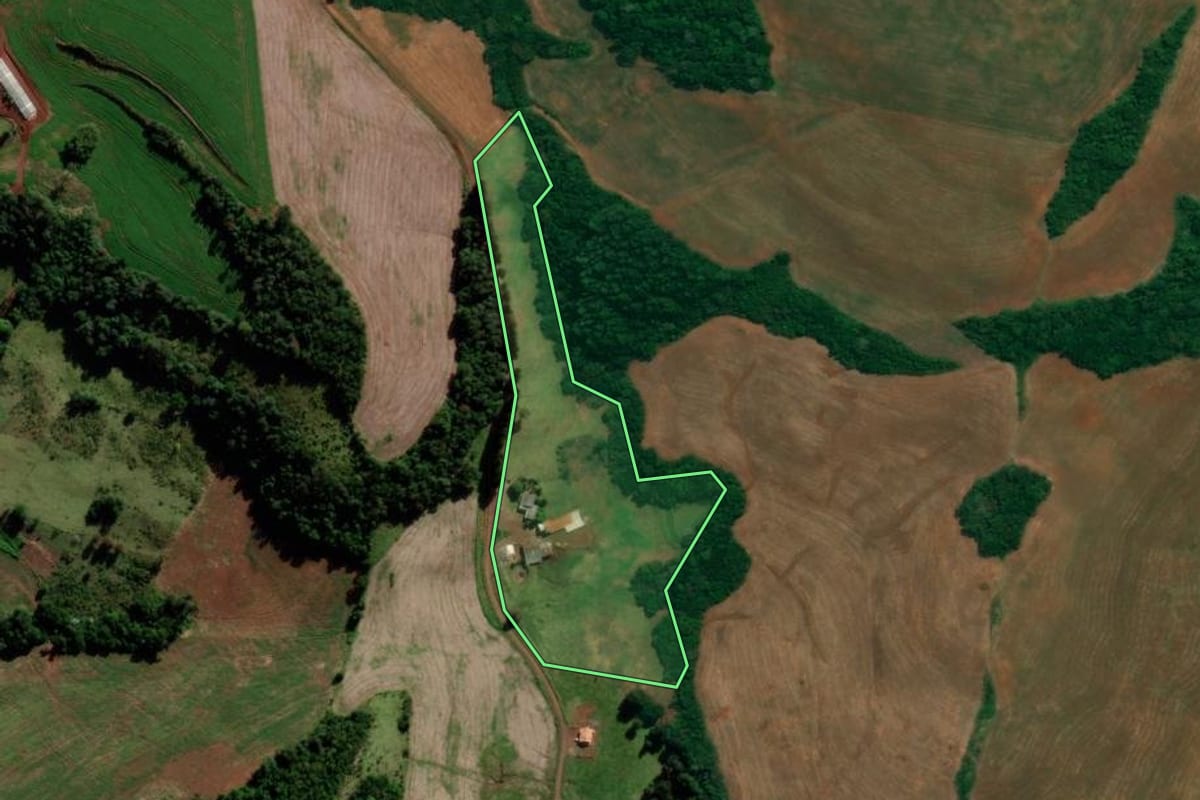 Imagem de satélite do imóvel rural em São Jorge d'Oeste (PR), com o contorno declarado no CAR desenhado por cima.