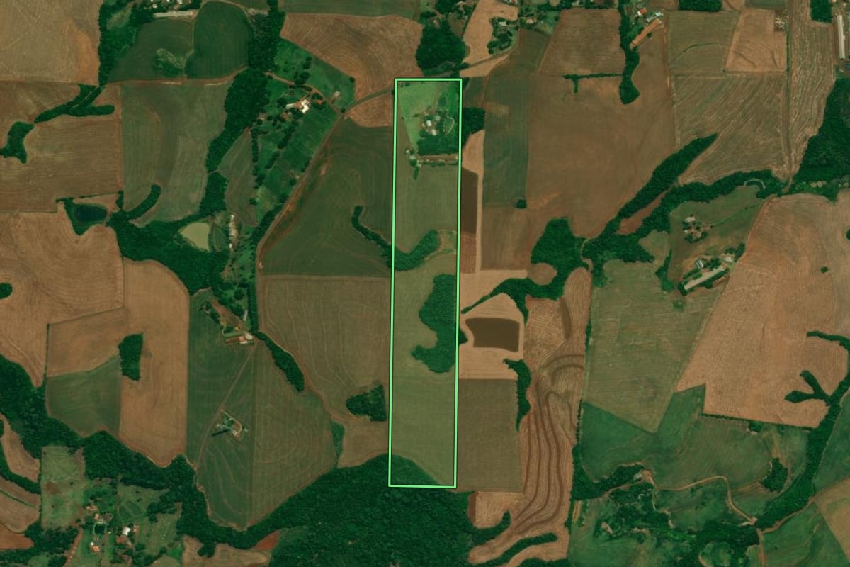 Imagem de satélite do imóvel rural em São Jorge d'Oeste (PR), com o contorno declarado no CAR desenhado por cima.