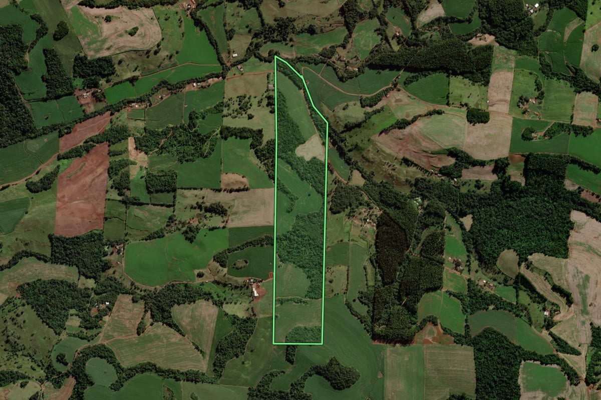 Imagem de satélite do imóvel rural em São Jorge d'Oeste (PR), com o contorno declarado no CAR desenhado por cima.