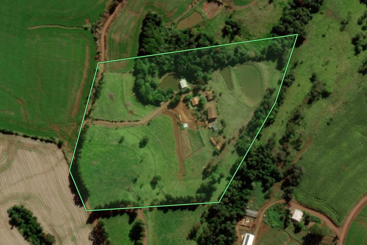 Imagem de satélite do imóvel rural em São Jorge d'Oeste (PR), com o contorno declarado no CAR desenhado por cima.