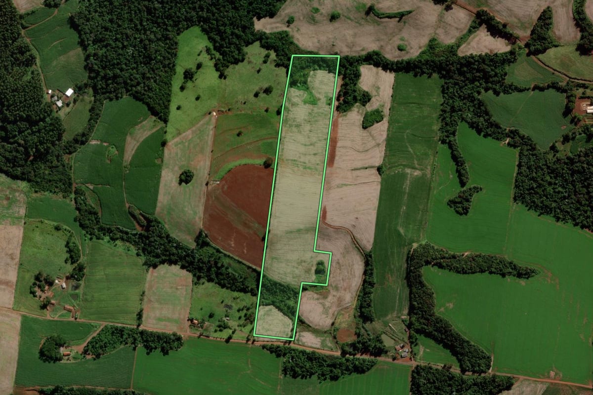 Imagem de satélite do imóvel rural em São Jorge d'Oeste (PR), com o contorno declarado no CAR desenhado por cima.